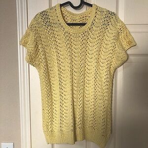 Hand Knit Yellow Short Sleeve Lace Crochet
Sweater- Cotton Knit Pullover Top